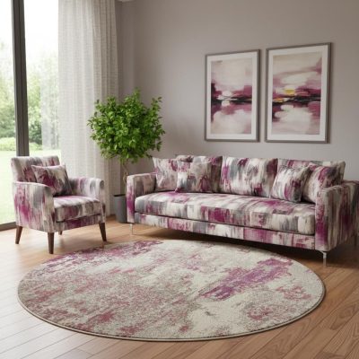 8′ X 8′ Ivory And Pink Abstract Round Rug