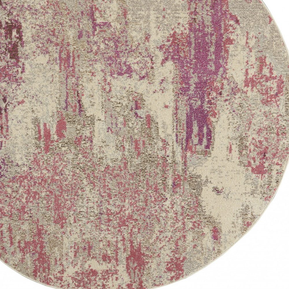 8′ X 8′ Ivory And Pink Abstract Round Rug