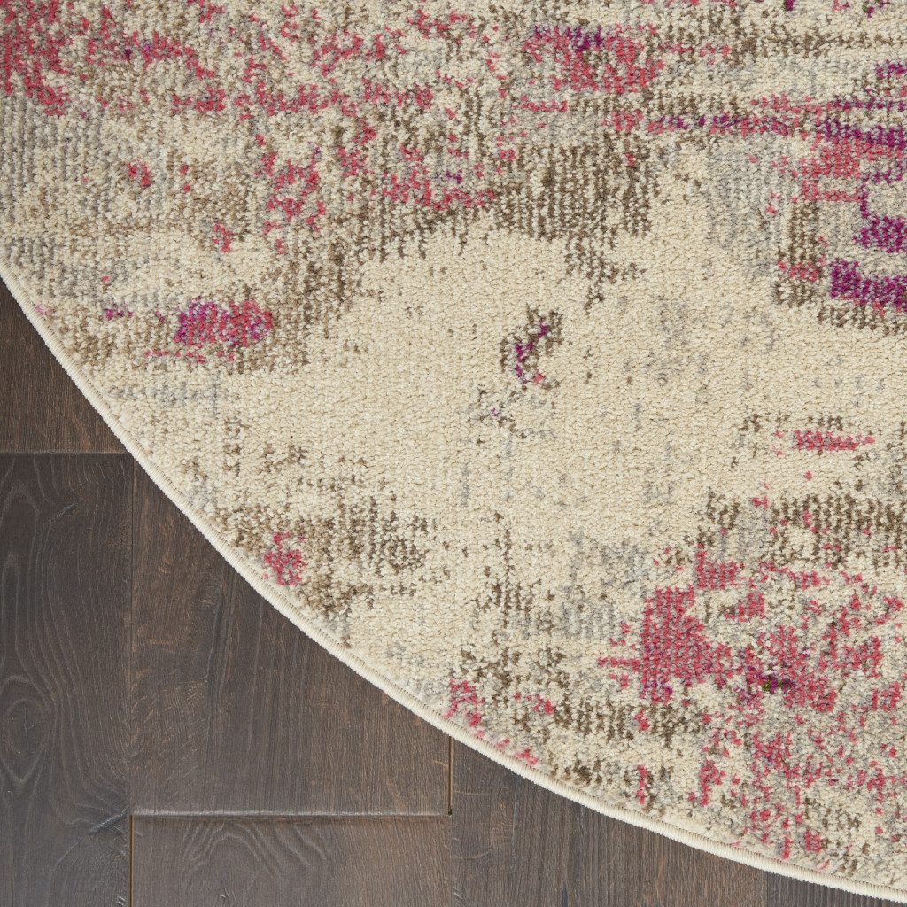8′ X 8′ Ivory And Pink Abstract Round Rug