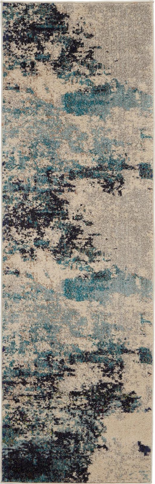 2′ X 6′ Ivory And Teal Blue Abstract Runner Rug