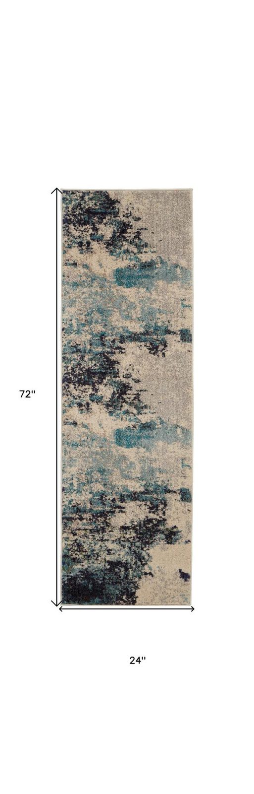 2′ X 6′ Ivory And Teal Blue Abstract Runner Rug