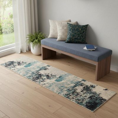2′ X 6′ Ivory And Teal Blue Abstract Runner Rug