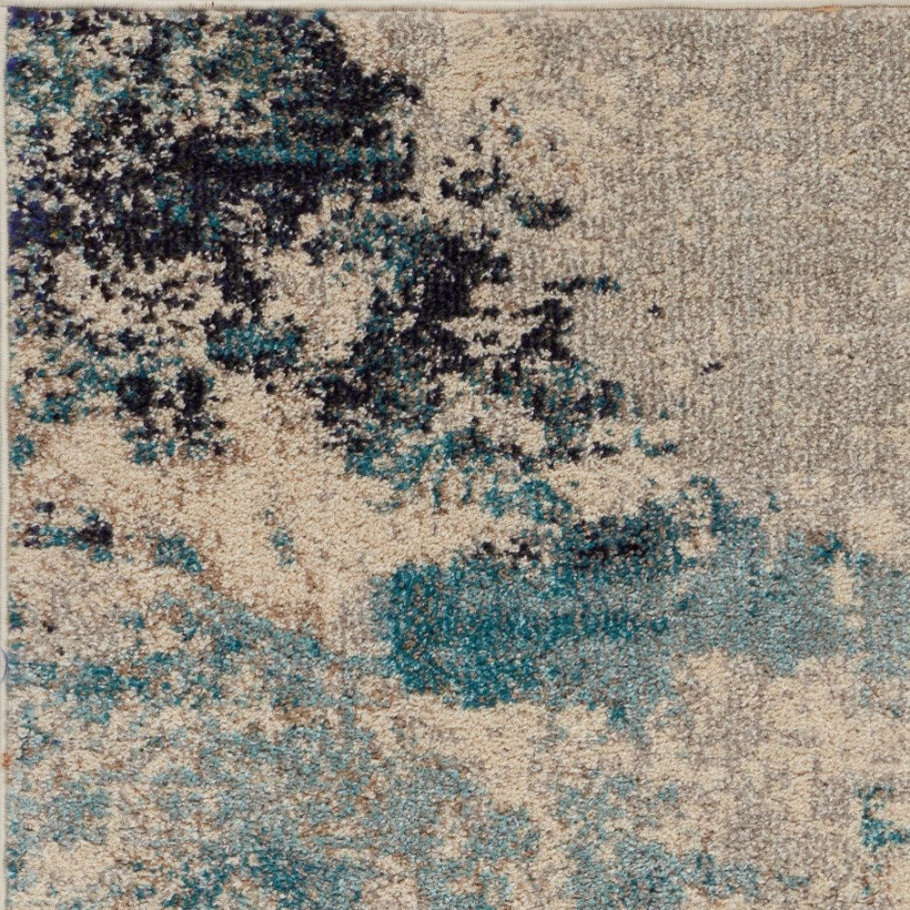 2′ X 6′ Ivory And Teal Blue Abstract Runner Rug