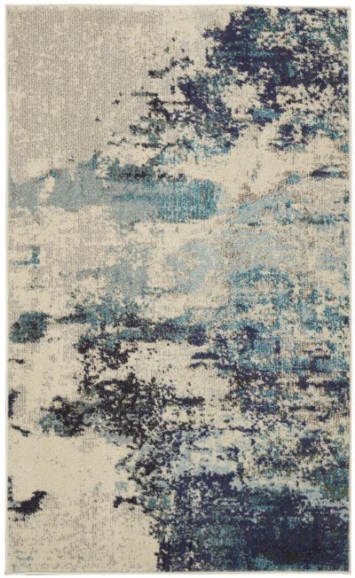 Ivory and Teal Blue Abstract Polypropylene Area Rug