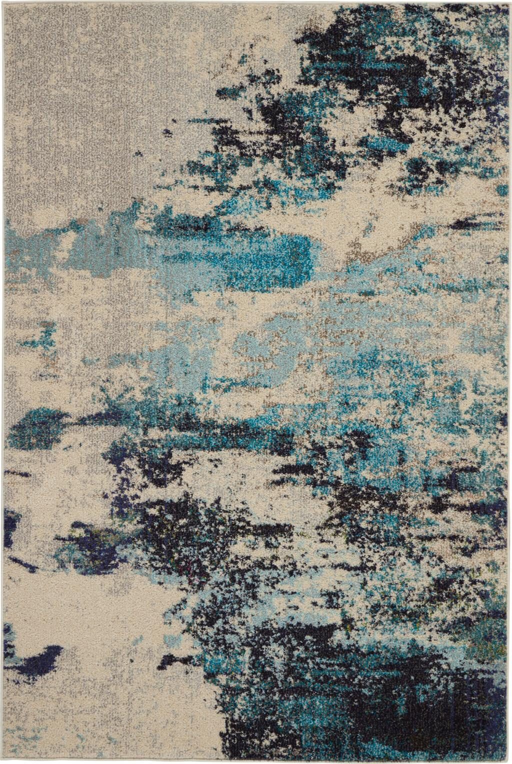 Ivory and Teal Blue Abstract Polypropylene Area Rug, 4′ × 6′