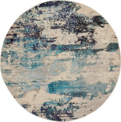 Ivory and Teal Blue Abstract Polypropylene Area Rug