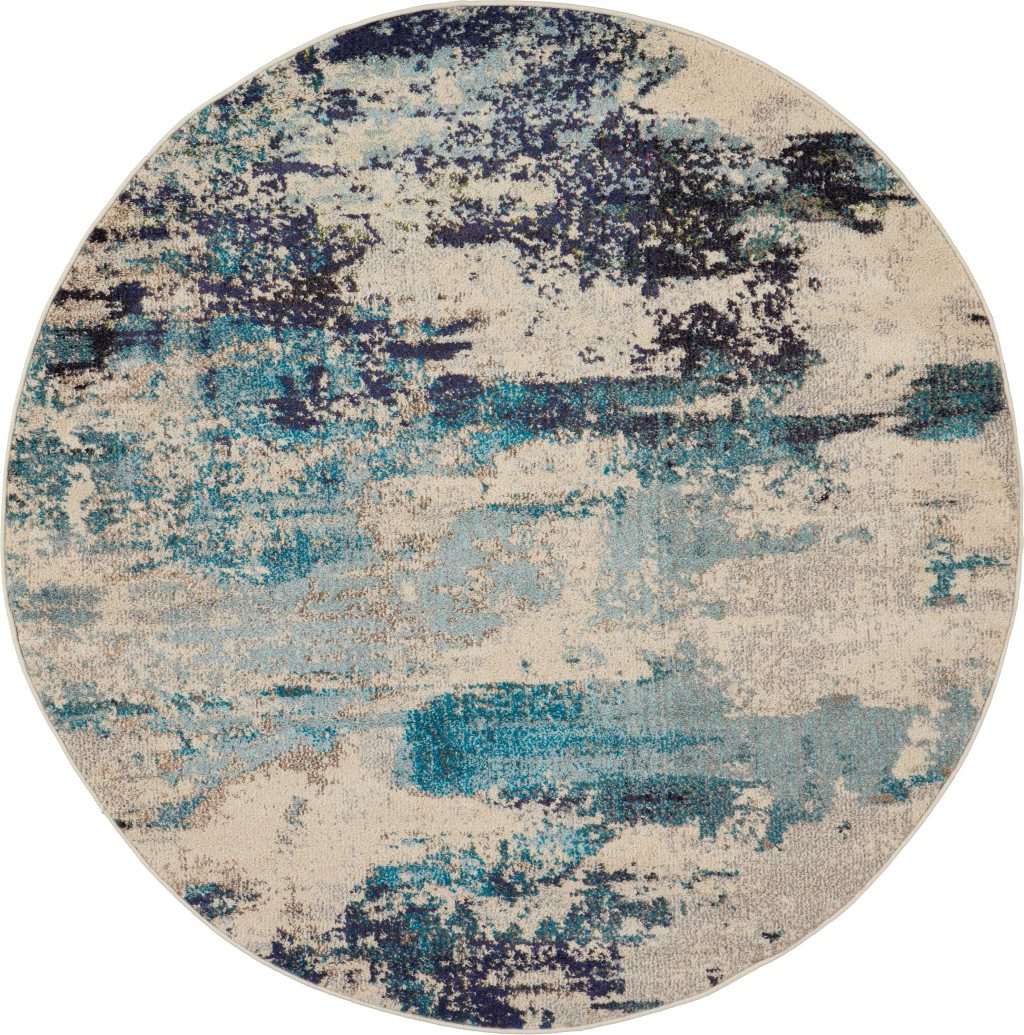 Ivory and Teal Blue Abstract Polypropylene Area Rug, 4′ Round