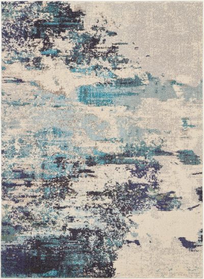 Ivory and Teal Blue Abstract Polypropylene Area Rug