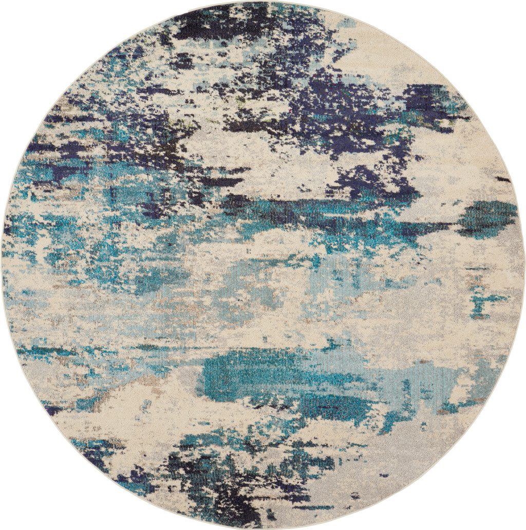 Ivory and Teal Blue Abstract Polypropylene Area Rug, 8′ Round