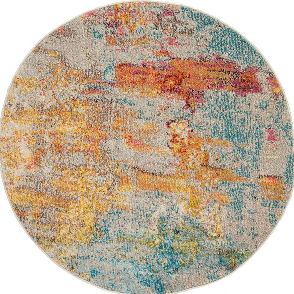 4′ Blue And Ivory Abstract Round Rug