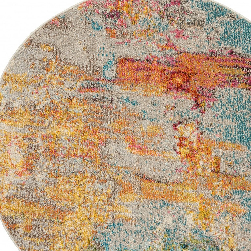 4′ Blue And Ivory Abstract Round Rug