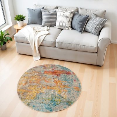 4′ Blue And Ivory Abstract Round Rug