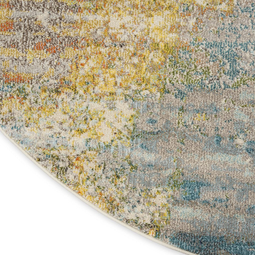 4′ Blue And Ivory Abstract Round Rug