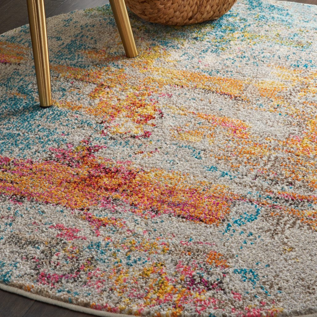 4′ Blue And Ivory Abstract Round Rug