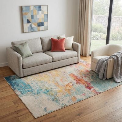 5′ X 7′ Blue and Orange Abstract Area Rug