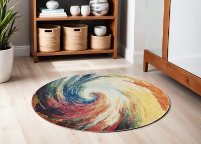 5′ Yellow And Ivory Abstract Round Rug