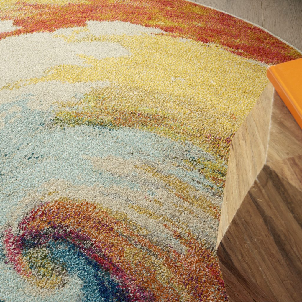 5′ Yellow And Ivory Abstract Round Rug