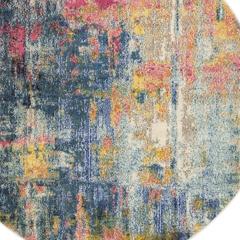 4′ Blue And Yellow Abstract Round Rug
