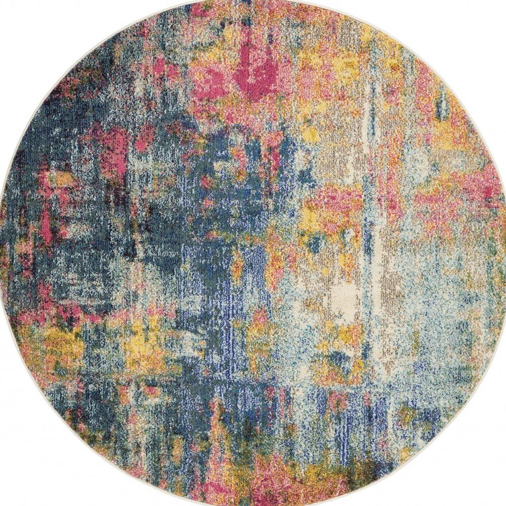 4′ Blue And Yellow Abstract Round Rug
