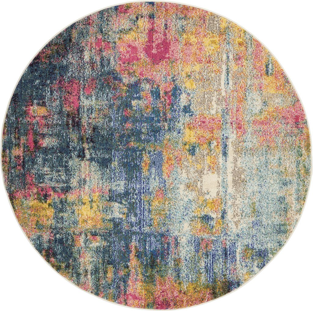 5′ X 5′ Blue And Yellow Abstract Round Rug