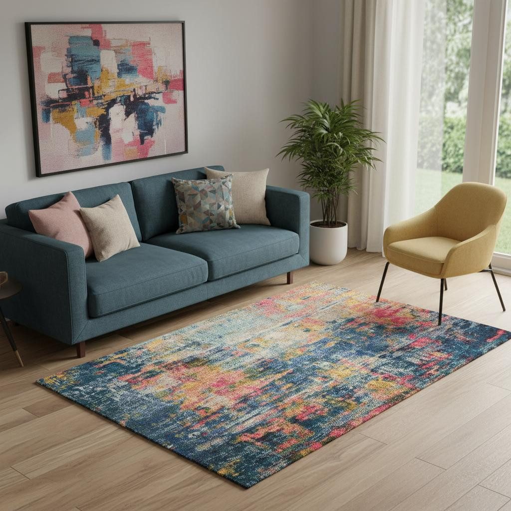 5′ X 7′ Blue And Yellow Abstract Area Rug