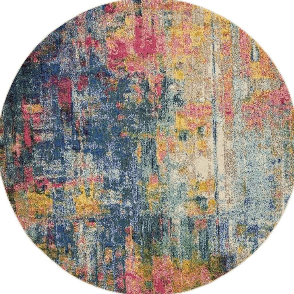 8′ X 8′ Blue And Yellow Abstract Round Rug