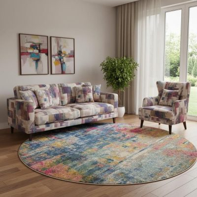 8′ X 8′ Blue And Yellow Abstract Round Rug