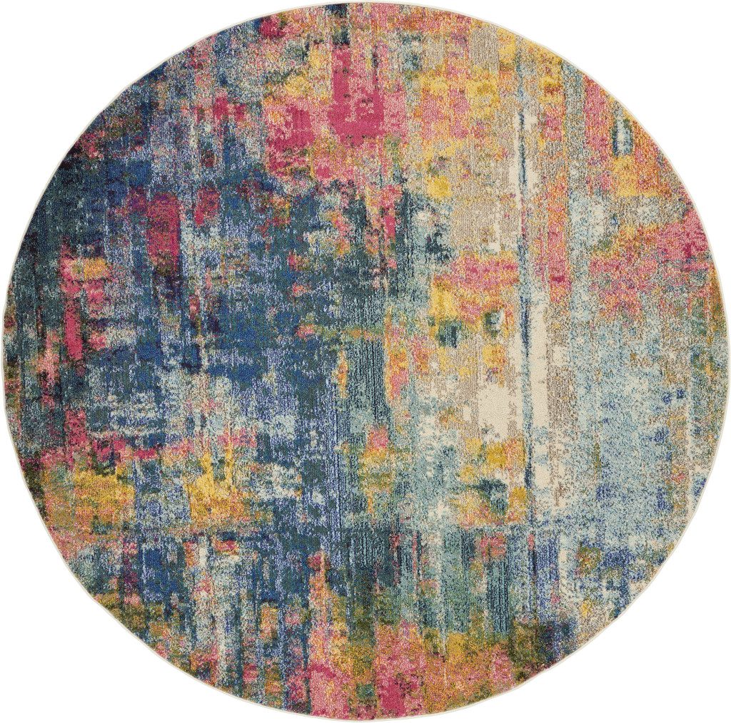 8′ X 8′ Blue And Yellow Abstract Round Rug