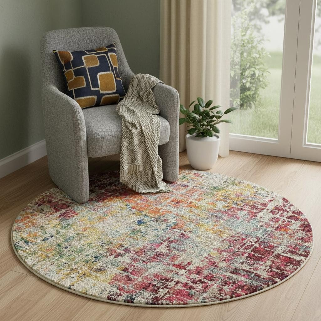 4′ Pink Abstract Distressed Round Rug