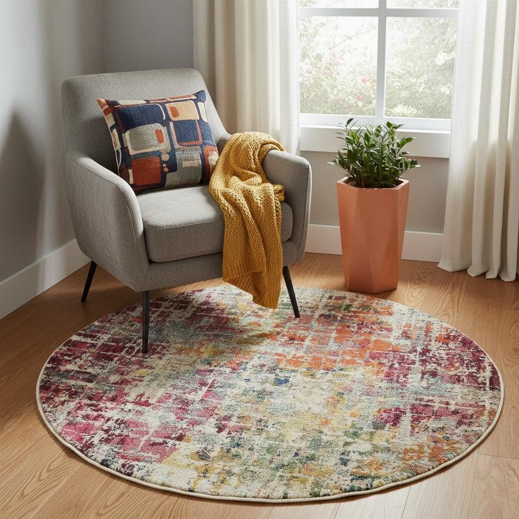 5′ X 5′ Pink Distressed Abstract Round Rug