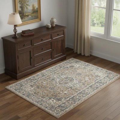 4′ × 6′ Beige And Grey Oriental Area Rug