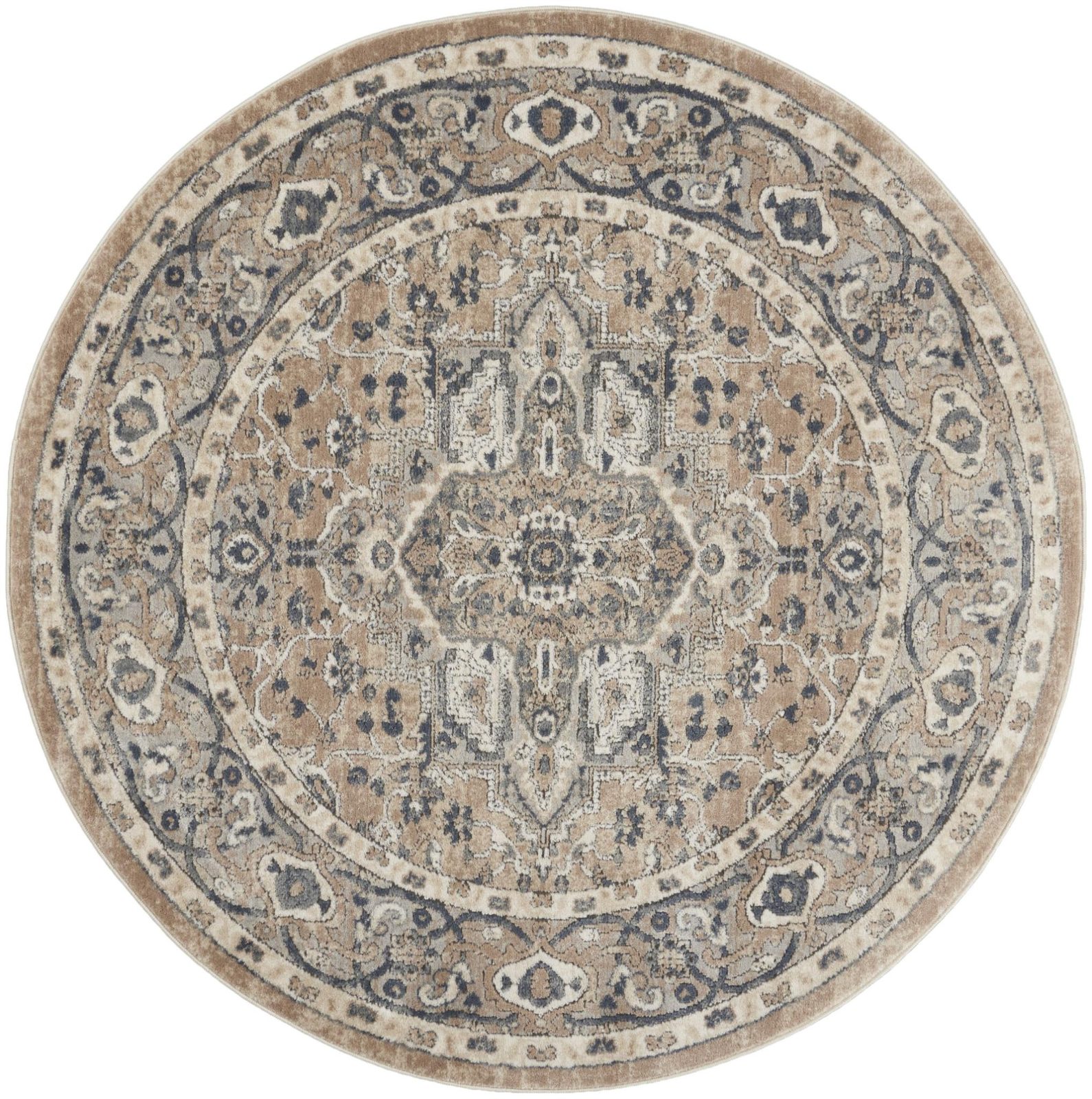 4′ Beige and Ivory Oriental Distressed Round Rug