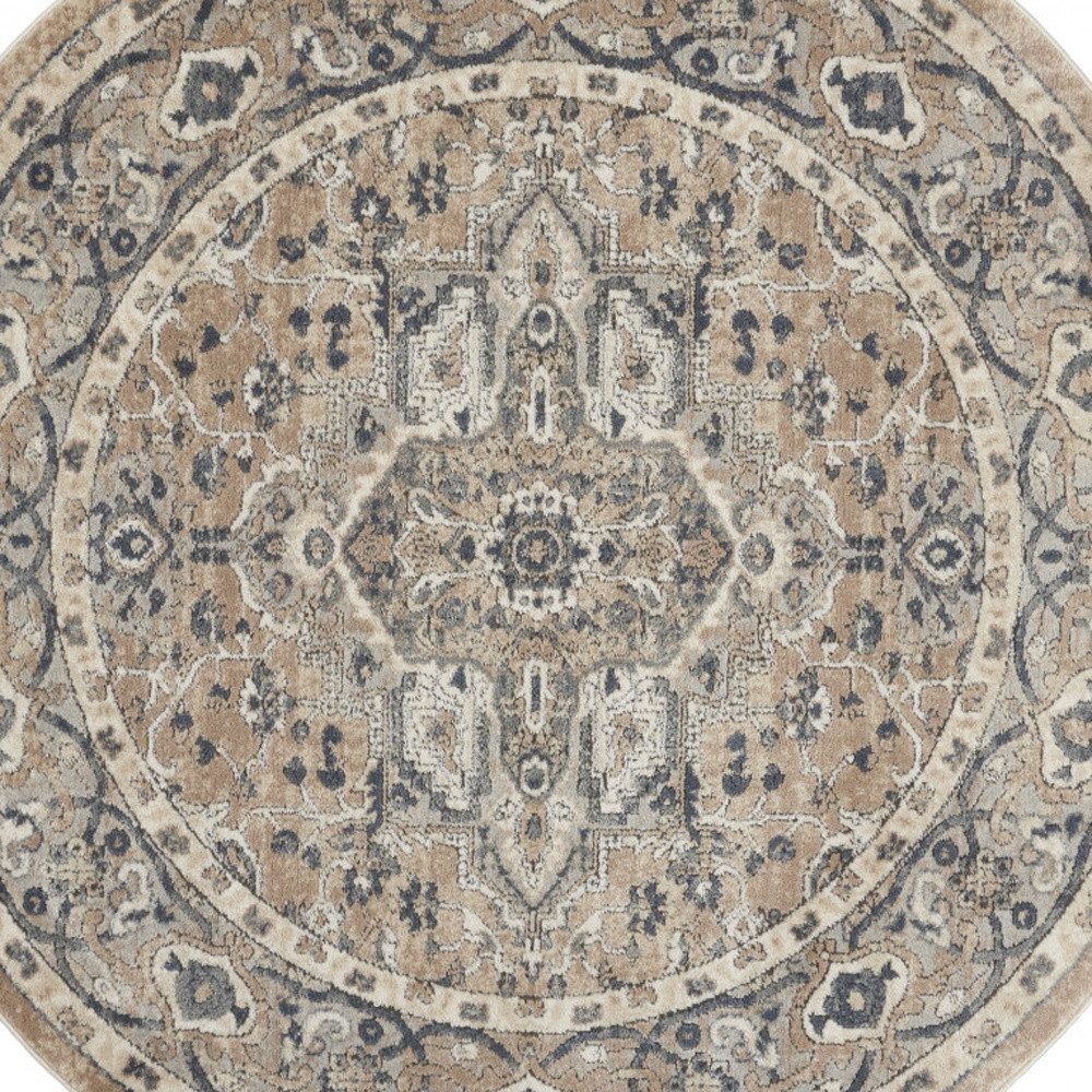 4′ Beige and Ivory Oriental Distressed Round Rug