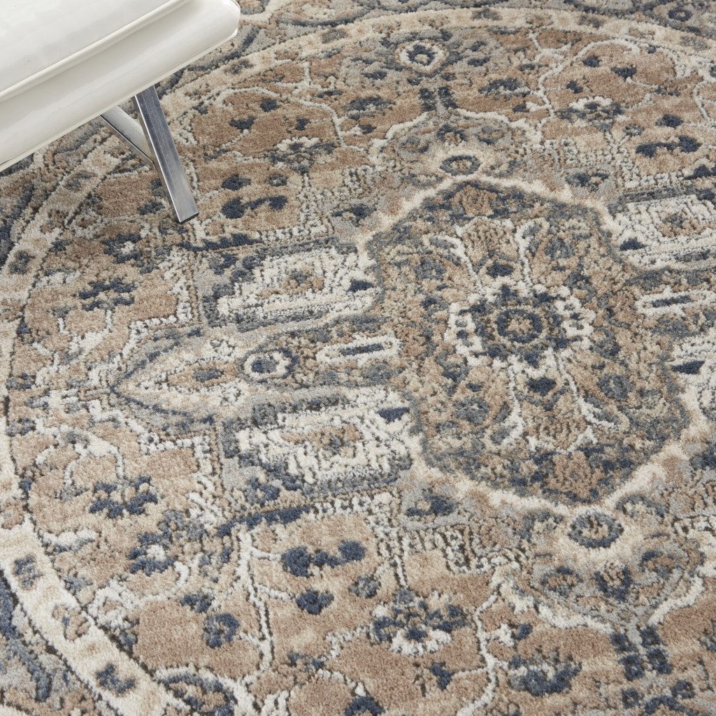 4′ Beige and Ivory Oriental Distressed Round Rug