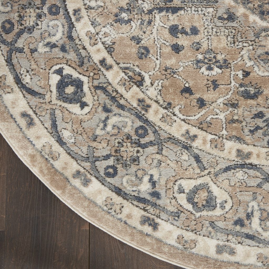 4′ Beige and Ivory Oriental Distressed Round Rug