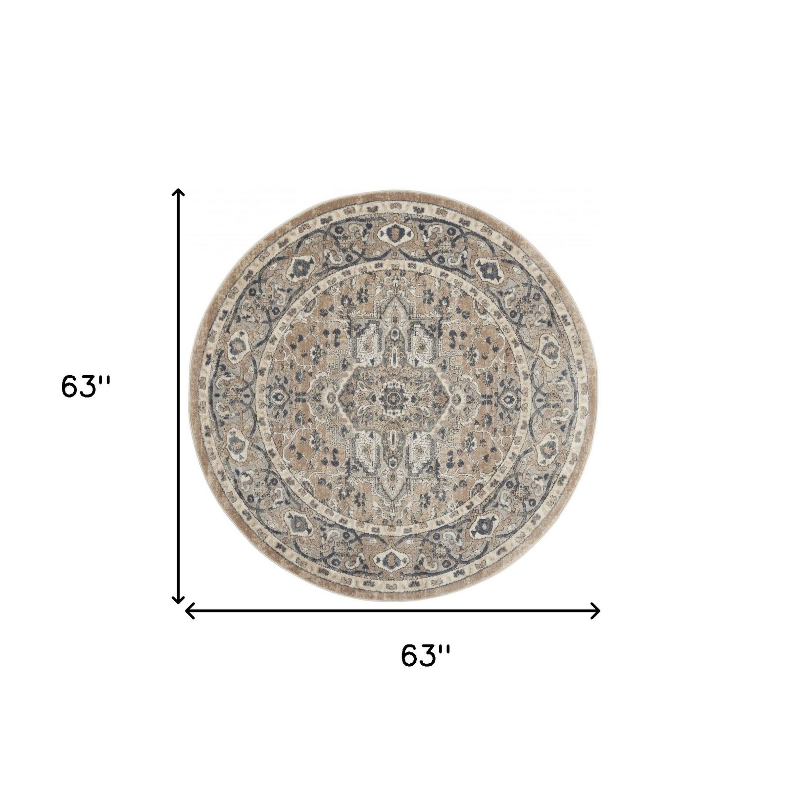 5′ X 5′ Beige And Grey Oriental Round Rug