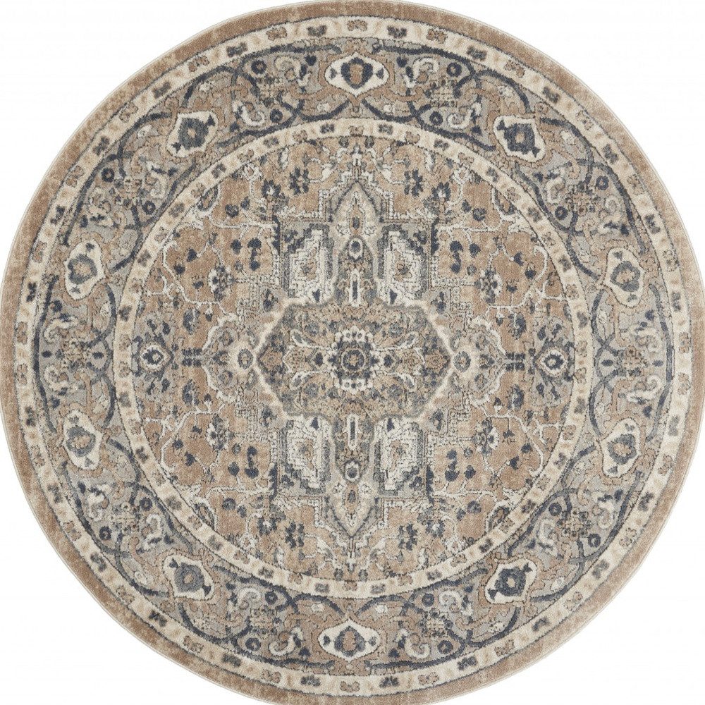5′ X 5′ Beige And Grey Oriental Round Rug