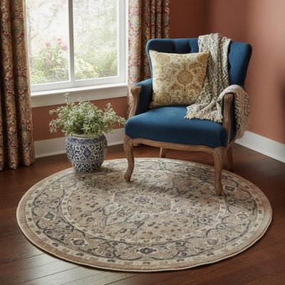 5′ X 5′ Beige And Grey Oriental Round Rug