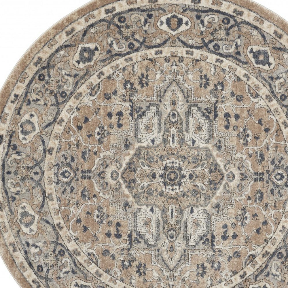 5′ X 5′ Beige And Grey Oriental Round Rug