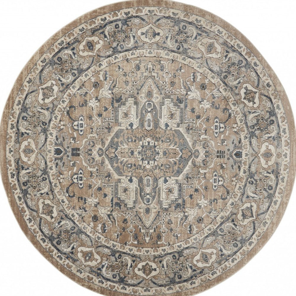 8′ Beige and Ivory Oriental Distressed Round Rug