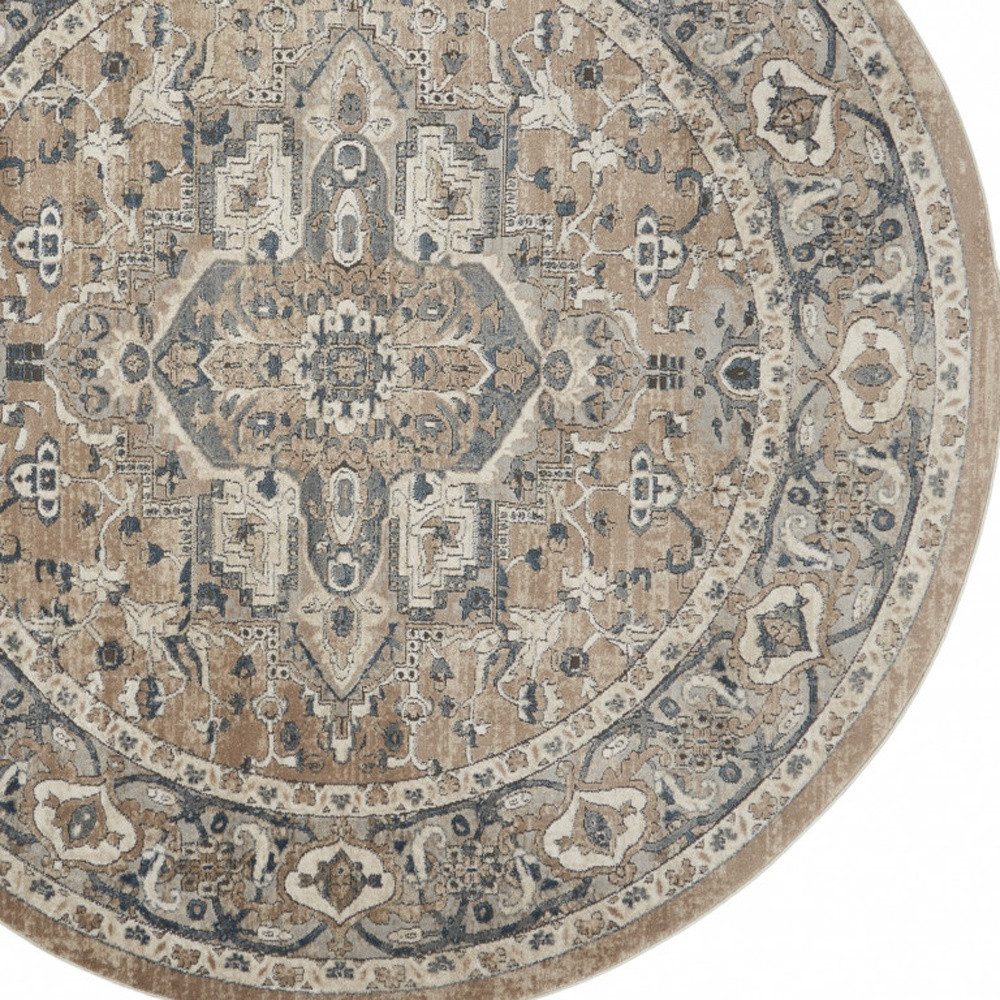 8′ Beige and Ivory Oriental Distressed Round Rug