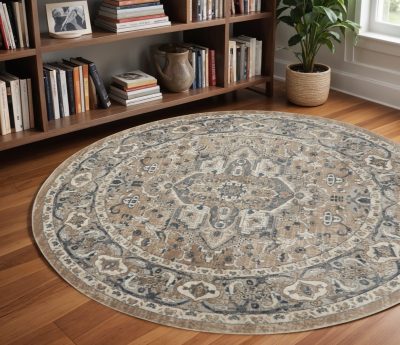 8′ Beige and Ivory Oriental Distressed Round Rug