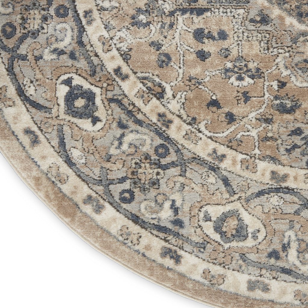8′ Beige and Ivory Oriental Distressed Round Rug