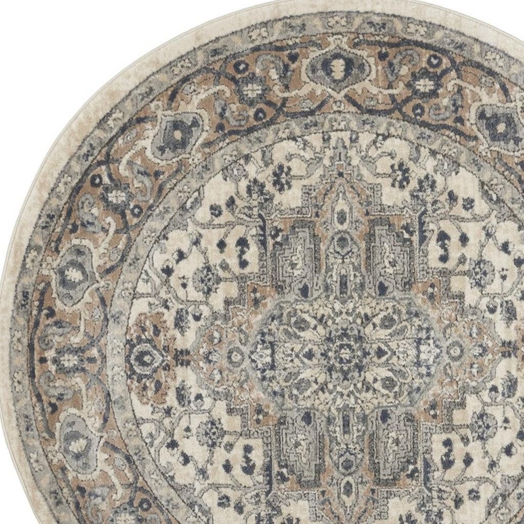 4′ Ivory And Gray Oriental Distressed Round Rug
