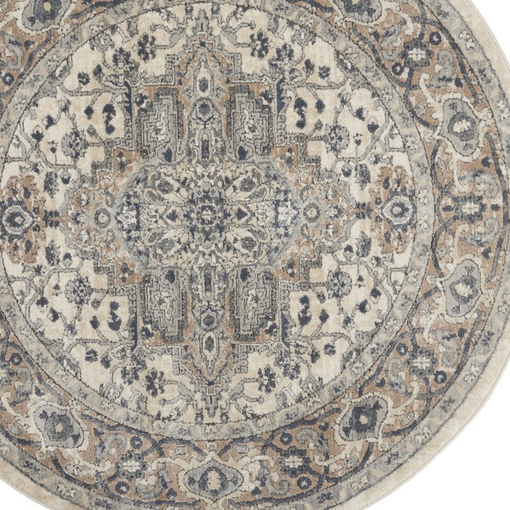 4′ Ivory And Gray Oriental Distressed Round Rug