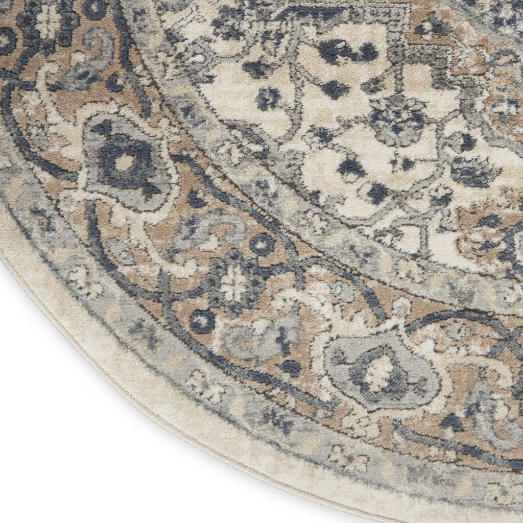 4′ Ivory And Gray Oriental Distressed Round Rug