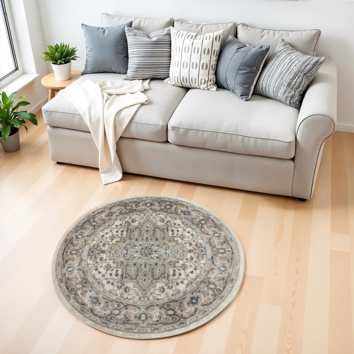 4′ Ivory And Gray Oriental Distressed Round Rug