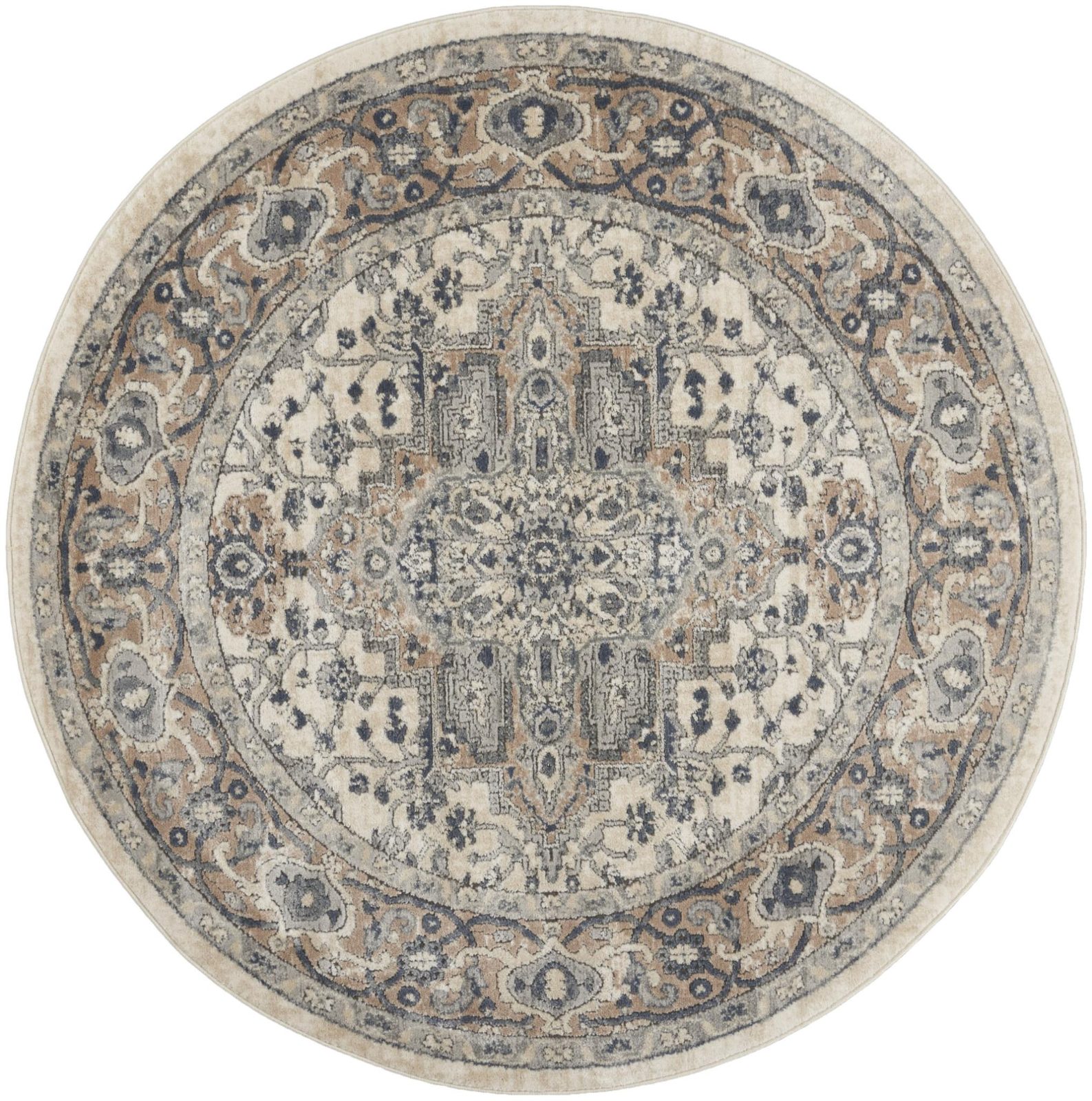 5′ X 5′ Ivory and Grey Oriental Round Rug