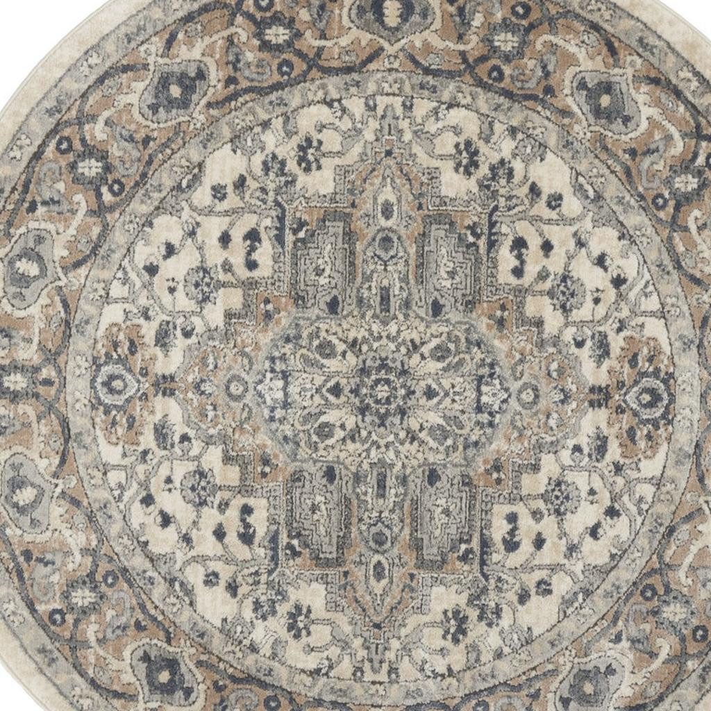 5′ X 5′ Ivory and Grey Oriental Round Rug