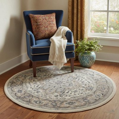 5′ X 5′ Ivory and Grey Oriental Round Rug